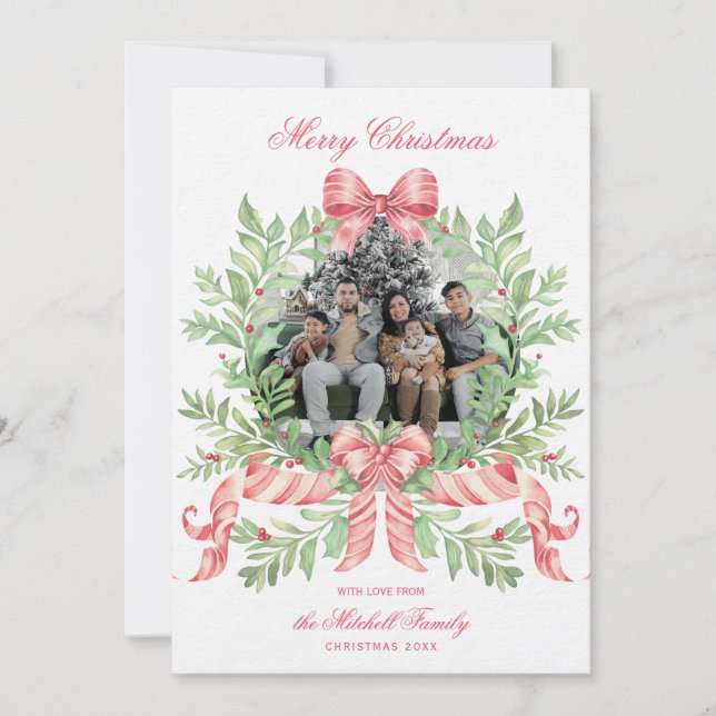 Reserva La Fecha Christmas Wreath Candy Cane Bow | Photo Card (Anverso)