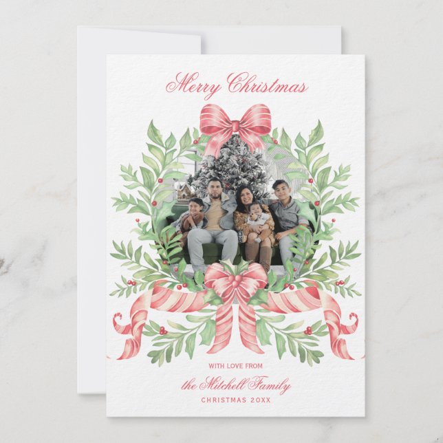 Reserva La Fecha Christmas Wreath Candy Cane Bow | Photo Card (Anverso)
