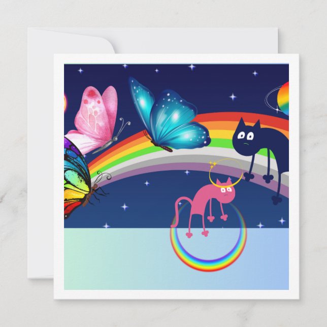 Reserva La Fecha Cielo nocturno, dos gatos, mariposas y arcoiris (Anverso)