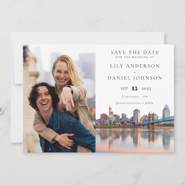 Reserva La Fecha Cincinnati Skyline Watercolor Photo Wedding (Anverso)