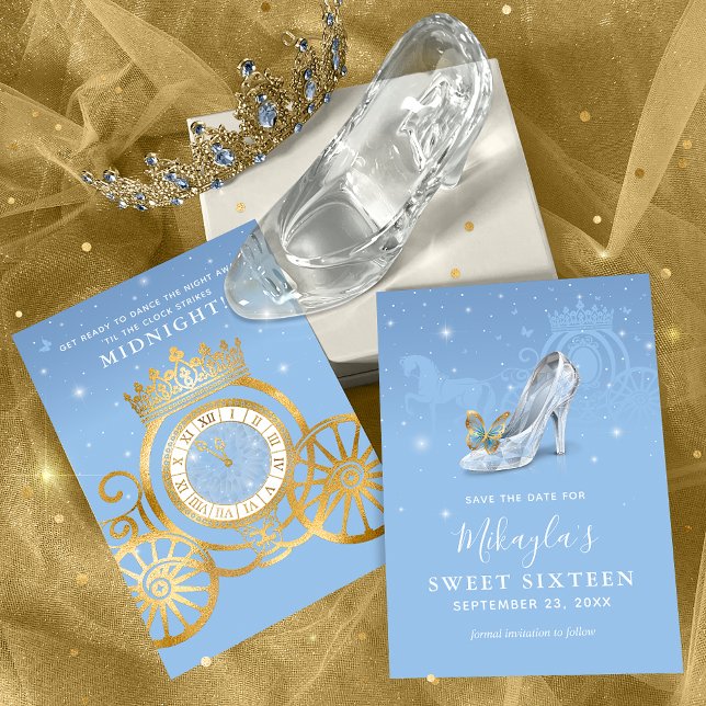Reserva La Fecha Cinderella Shoe Baby Blue Gold Sweet 16 Cumpleaños (Subido por el creador)