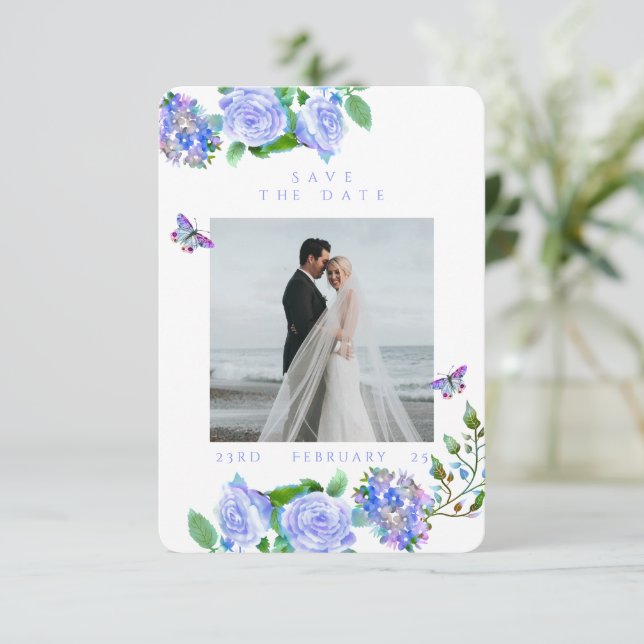 Reserva La Fecha Cinta de Rosa Azul Monograma Foto Boda  (Anverso de pie)
