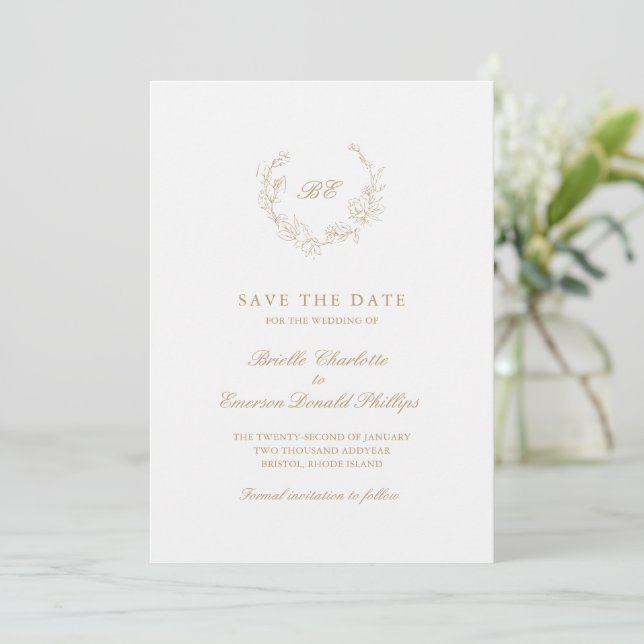 Reserva La Fecha Círculo de boda elegante monograma de oro (Anverso de pie)