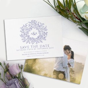 Reserva La Fecha Círculo de hojas azul violeta blanco boda