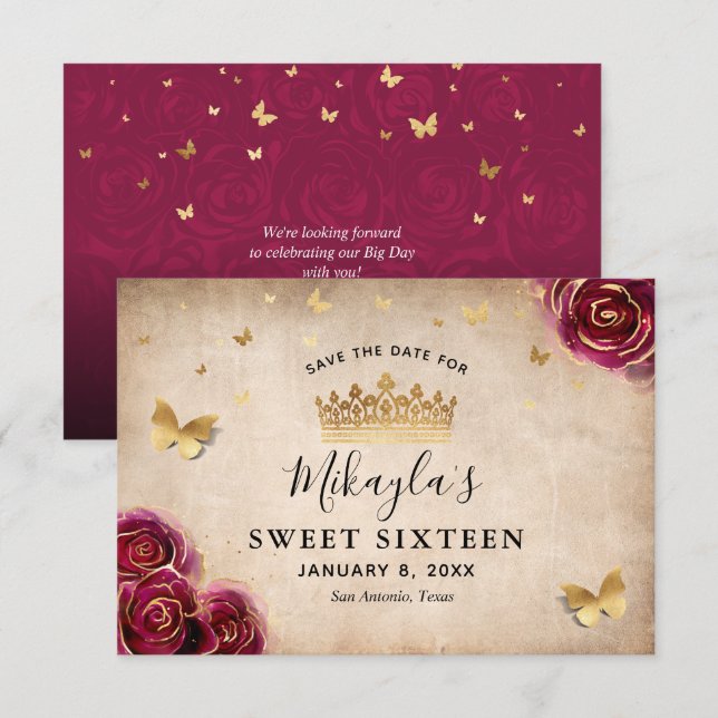 Reserva La Fecha Ciruela Borgoña Rosa Dorada Pergamino Elegante (Anverso / Reverso)