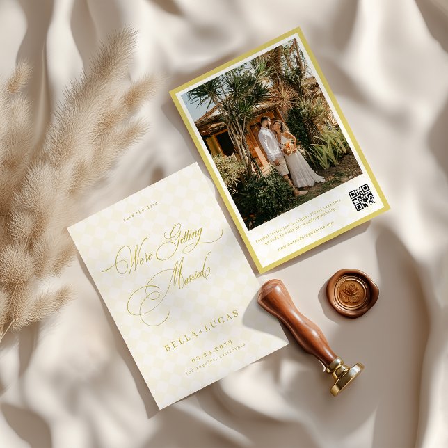 Reserva La Fecha Citrus Yellow Check Luxe Summer Wedding (Subido por el creador)