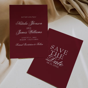 Reserva La Fecha Clásica Boda de Dinero Antiguo Burgundy Blanco