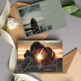 Reserva La Fecha Clásica Caligrafía Verde Gris Código QR Dos Fotogr