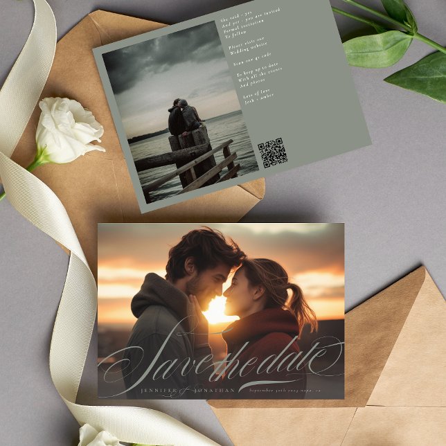 Reserva La Fecha Clásica Caligrafía Verde Gris Código QR Dos Fotogr (Subido por el creador)