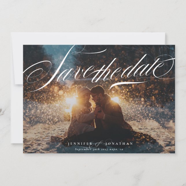 Reserva La Fecha Clásica Elegante caligrafía de la marina QR Foto d (Anverso)