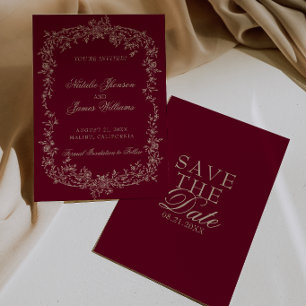 Reserva La Fecha Clásica Floral Borgoña Botánica Boda de Dinero Ant