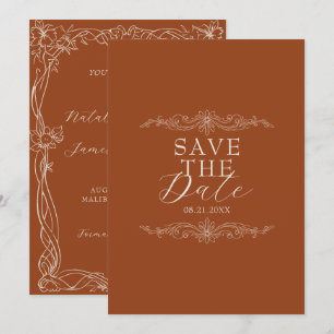 Reserva La Fecha Clásica Naranja Quemada Romántica Floral Boho Boda