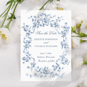 Reserva La Fecha Clásicas Flores Azules y Cintas de Boda Francesas