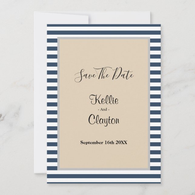 Reserva La Fecha Clásicas Rayas Azules Bodas Enmarcadas (Anverso)