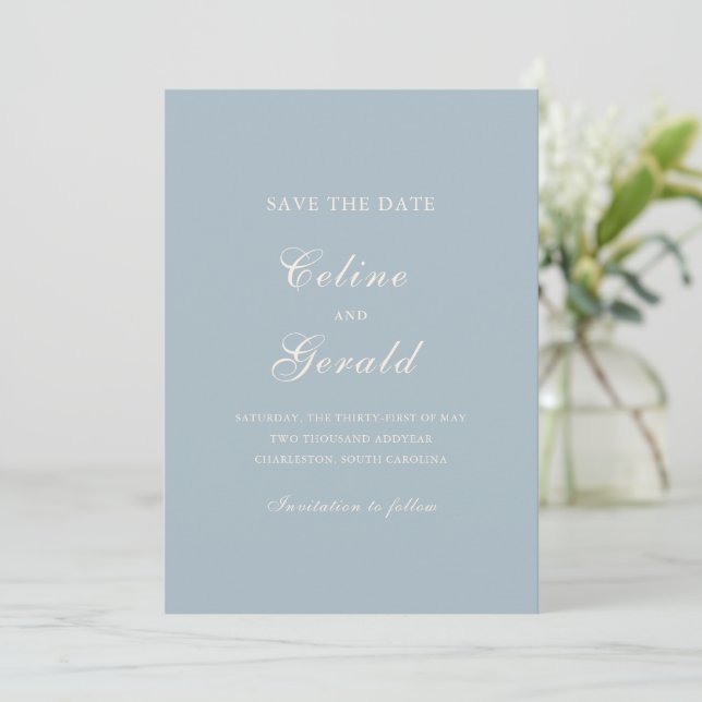 Reserva La Fecha Clásico Azul Elegante Boda Silenciada (Anverso de pie)
