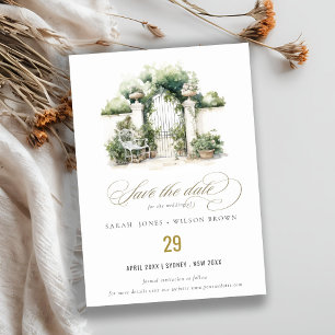 Reserva La Fecha Clásico Boda de acuarela del paisaje de los jardin