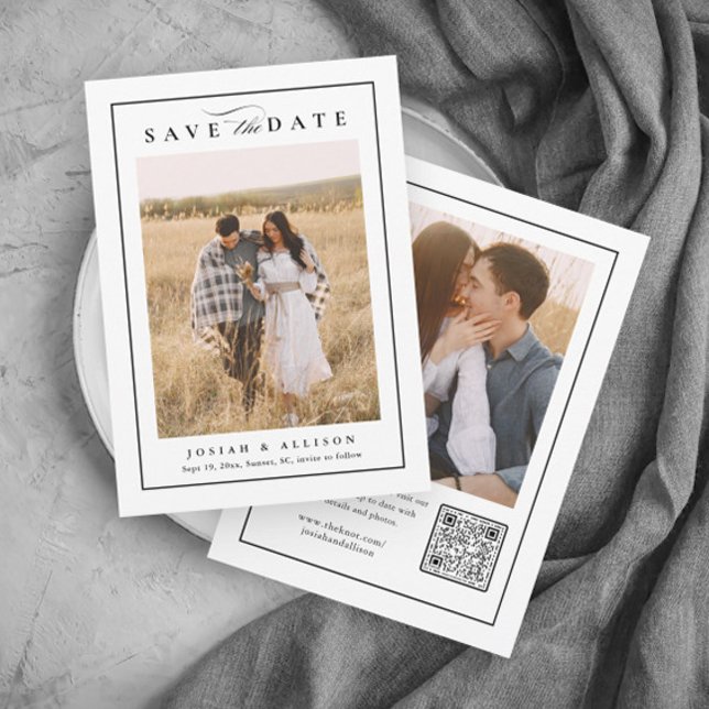 Reserva La Fecha Clásico Código QR de Monograma 2 Fotos Boda (Elegant black and white 2 photo wedding save the date with QR code.)