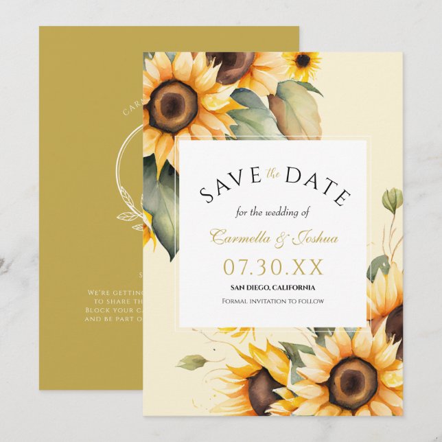 Reserva La Fecha Clásico Elegante acuarela Sunflower Boho Boda (Anverso / Reverso)
