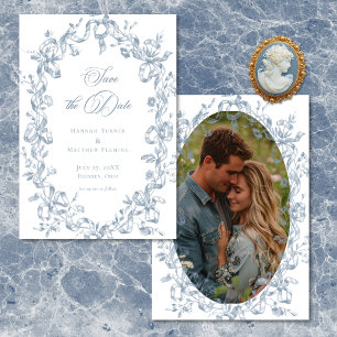 Reserva La Fecha Clásico Elegante Foto de Boda con Cinta Floral Azu