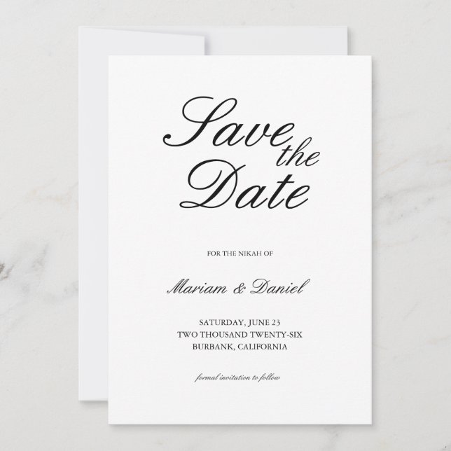 Reserva La Fecha Clásico Elegante Script Boda Islámica Blanco Negro (Anverso)