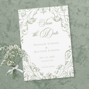 Reserva La Fecha Clásico Elegante Verde Salvia Floral Marco Boda