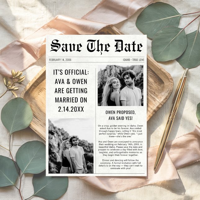 Reserva La Fecha Clásico Moderno 2 Estilo de periódico Boda de foto (Subido por el creador)