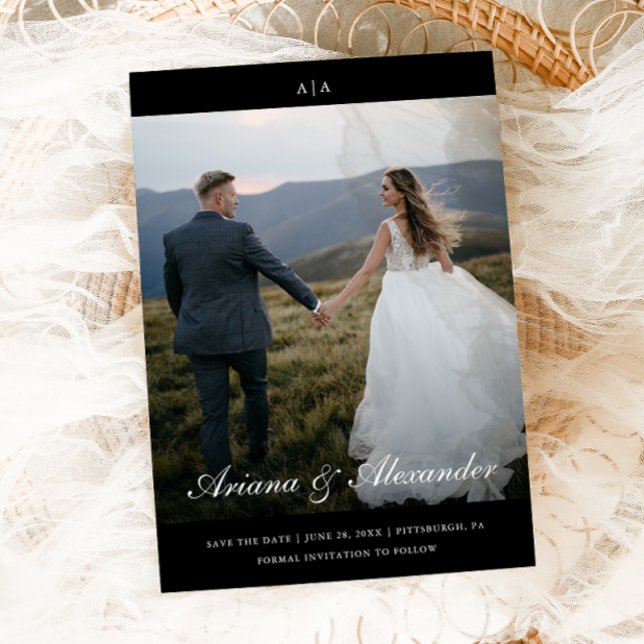 Reserva La Fecha Clásico Monograma Elegante Guión Dos Boda de fotos (Subido por el creador)