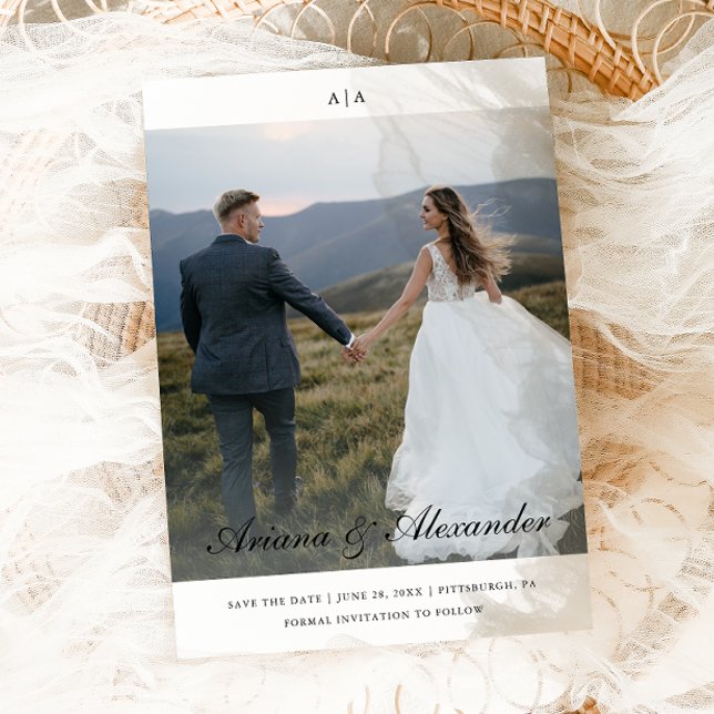 Reserva La Fecha Clásico Monograma Elegante Guión Dos Boda de fotos (Subido por el creador)