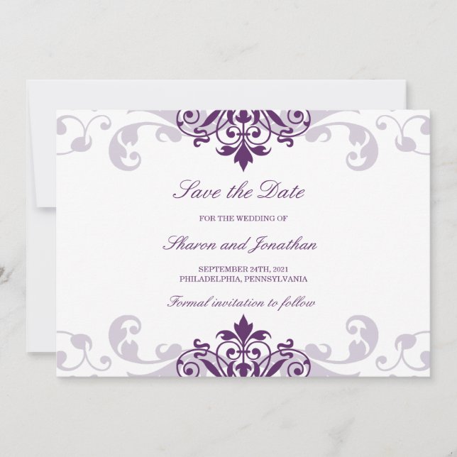 Reserva La Fecha Clásico Plum Purple Elegante Boda de Ironworks (Anverso)