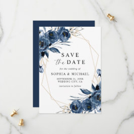 Reserva La Fecha Clásico Simple Floral Acuarela Azul Marino Boda