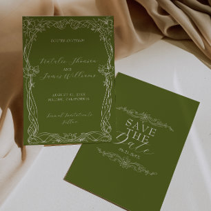 Reserva La Fecha Clásico Verde Oliva Romántico Dinero Antiguo Boda