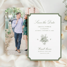 Reserva La Fecha Clásico Verde Salvia Monograma Boda Save the Date