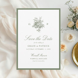 Reserva La Fecha Clásico Verde Salvia Monograma Boda Save the Date