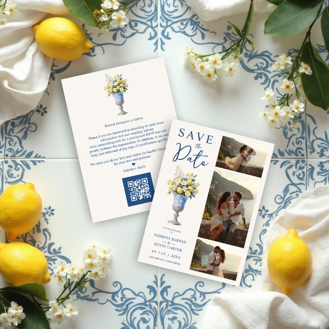 Reserva La Fecha Classic Chalice Vase Mediterranean Lemons Flowers (Classic Chalice Vase with Mediterranean Lemons and Flowers 3-Photo Wedding Save the Date Cards.)