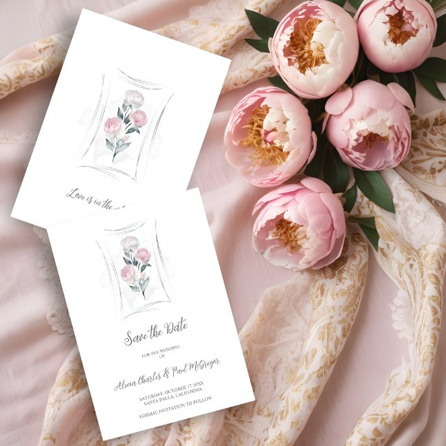 Reserva La Fecha Classic Cute Floral Peonies Bunch in Gray & Pink (Classic Cute Watercolor Effect Floral Peonies Bunch in Gray & Pink Wedding Save the Date Card.)