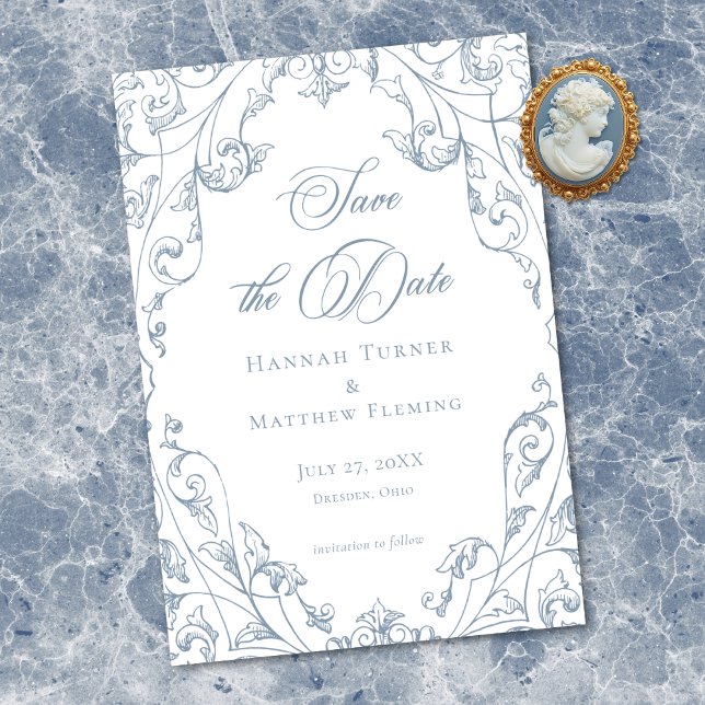 Reserva La Fecha Classic Elegant Dusty Blue Floral Frame Wedding (Classic Elegant Dusty Blue Floral Frame Wedding Save The Date)