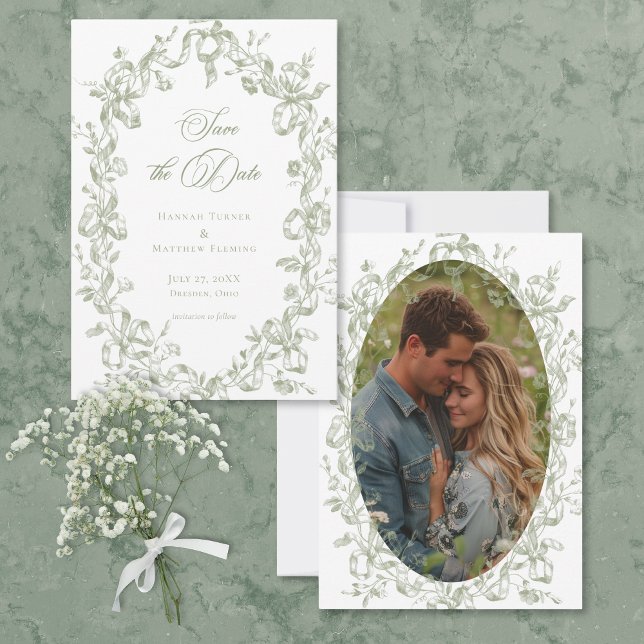Reserva La Fecha Classic Elegant Sage Floral Ribbon Photo Wedding (Classic Elegant Sage Floral Ribbon Photo Wedding Save The Date)