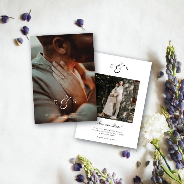 Reserva La Fecha Classic Elegant Script Monogram Two Sided Photo (Subido por el creador)