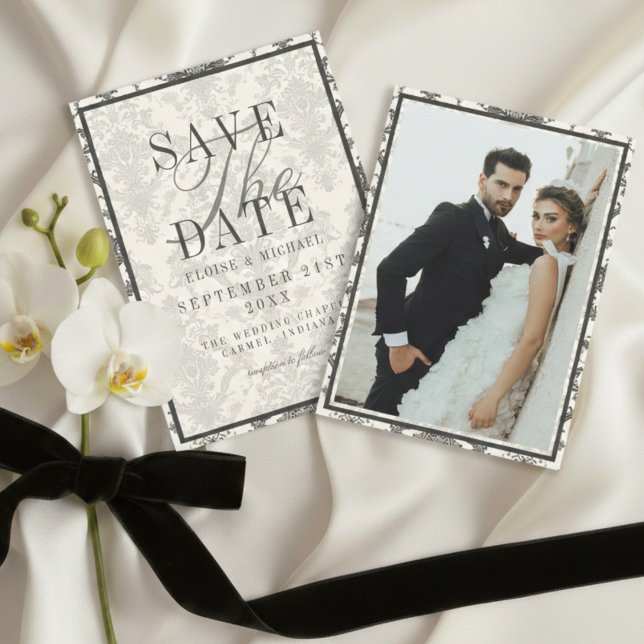 Reserva La Fecha Classic Ivory Damask Rococo Pattern Photo Wedding (Classic Ivory Damask Rococo Pattern Photo Wedding Save The Date)