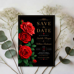 Reserva La Fecha Classic Red Rose Elegant Black and Gold Floral