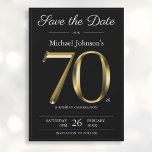 Reserva La Fecha Classy Black and Gold 70th Birthday Party<br><div class="desc">Classy Black and Gold 70th Birthday Party Save the Date. Sencillo pero elegante cumpleaños guardar la tarjeta de fecha con el hito del año de nacimiento en un sólido efecto de texto dorado! Se trata de una plantilla editable que podría utilizarse tanto para hombres como para mujeres. Contáctame si tienes...</div>