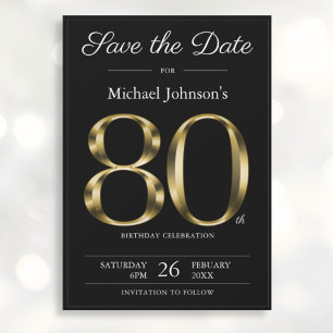 Reserva La Fecha Classy Black and Gold 80th Birthday Party