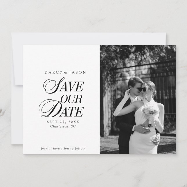 Reserva La Fecha Classy Black and White Elegant Save the Date Card (Anverso)