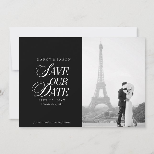 Reserva La Fecha Classy Black and White Elegant Save the Date Card (Anverso)