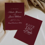 Reserva La Fecha Classy Burgundy White Fancy Old Money Wedding<br><div class="desc">This modern & retro funky minimalist Wedding burgundy and white Save The Date Template is great for you. If you are looking for a pretty, elegant and easy to customize deep red Wedding Save The Date Template .A very elegant simple white script wedding save the date on red background on...</div>