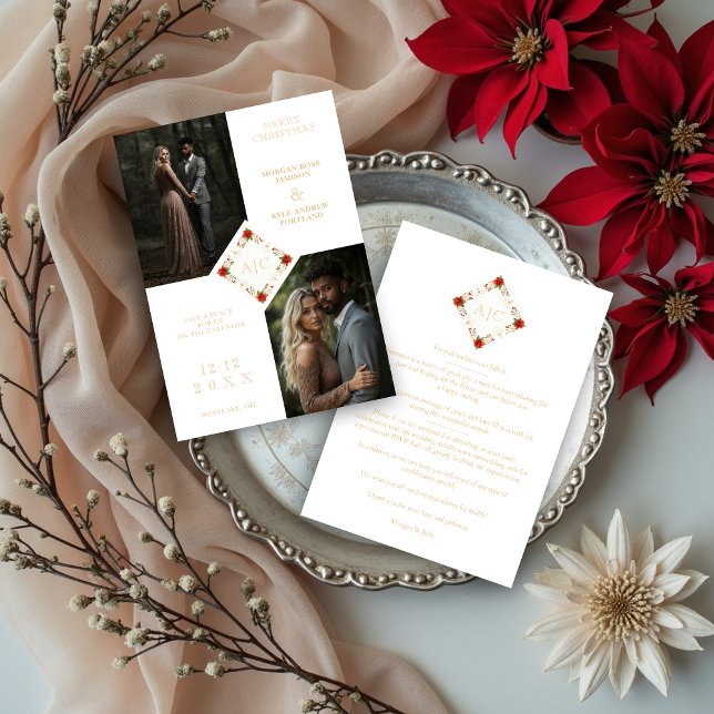Reserva La Fecha Classy Christmas Wedding Floral Wreath 2-Photo (Classy Charming Christmas Wedding Floral Wreath 2 Photos Save the Dates Cards with Initials.)