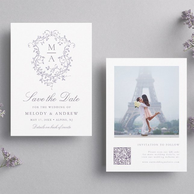 Reserva La Fecha Classy French Lavender Floral Crest Wedding Photo (Subido por el creador)