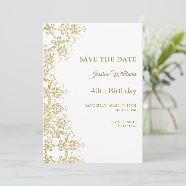 Reserva La Fecha Classy Gold Damask 40 cumpleaños (Anverso de pie)