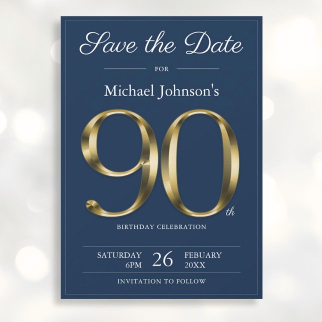 Reserva La Fecha Classy Gold Navy Blue 90th Birthday Party (Mockup View)
