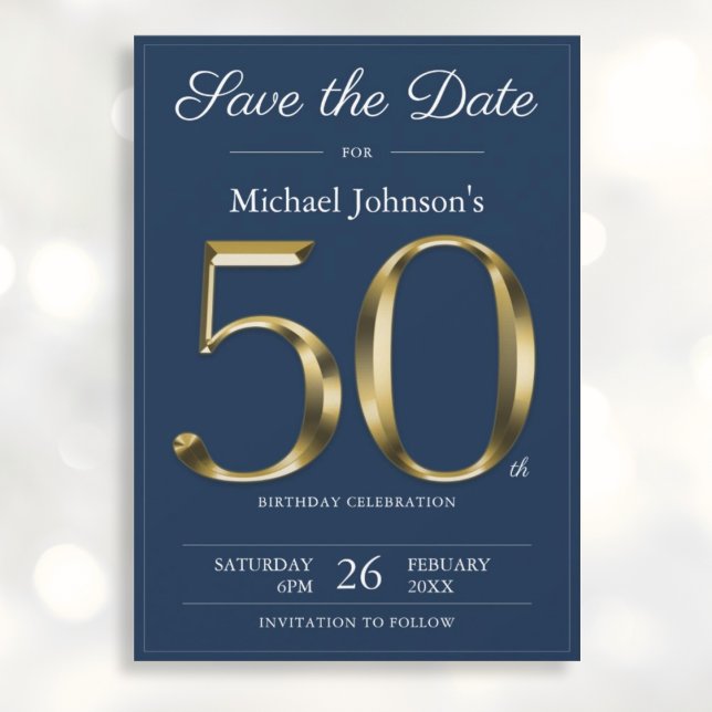 Reserva La Fecha Classy Gold Navy Blue Fiesta de cumpleaños 50 (Mockup View)